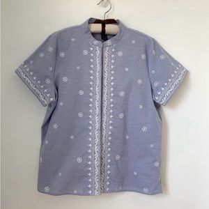 Denim & Co Embroidered Blouse Mandarin Collar